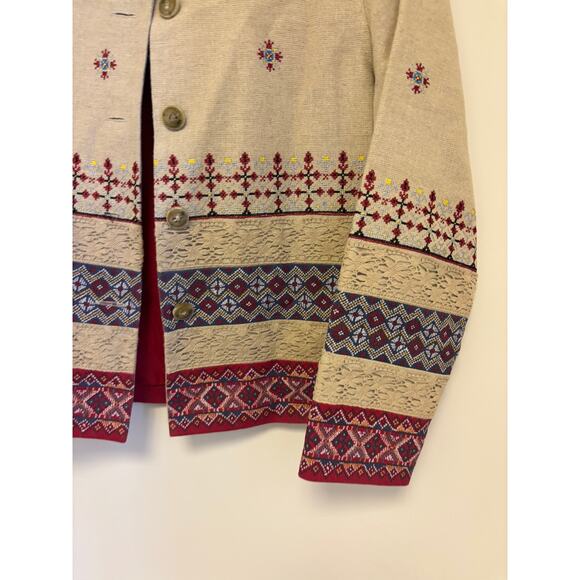 Coldwater Creek Jacket Womens Linen Blend Western Aztec Embroidered Tan - Picture 2 of 7